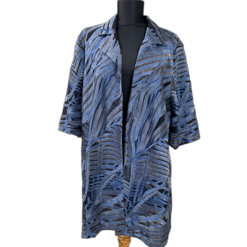 Chico's Travelers Blue Whimsy Mesh Stripe Embroidered 3/4 Sleeve Jacket 3 US XL